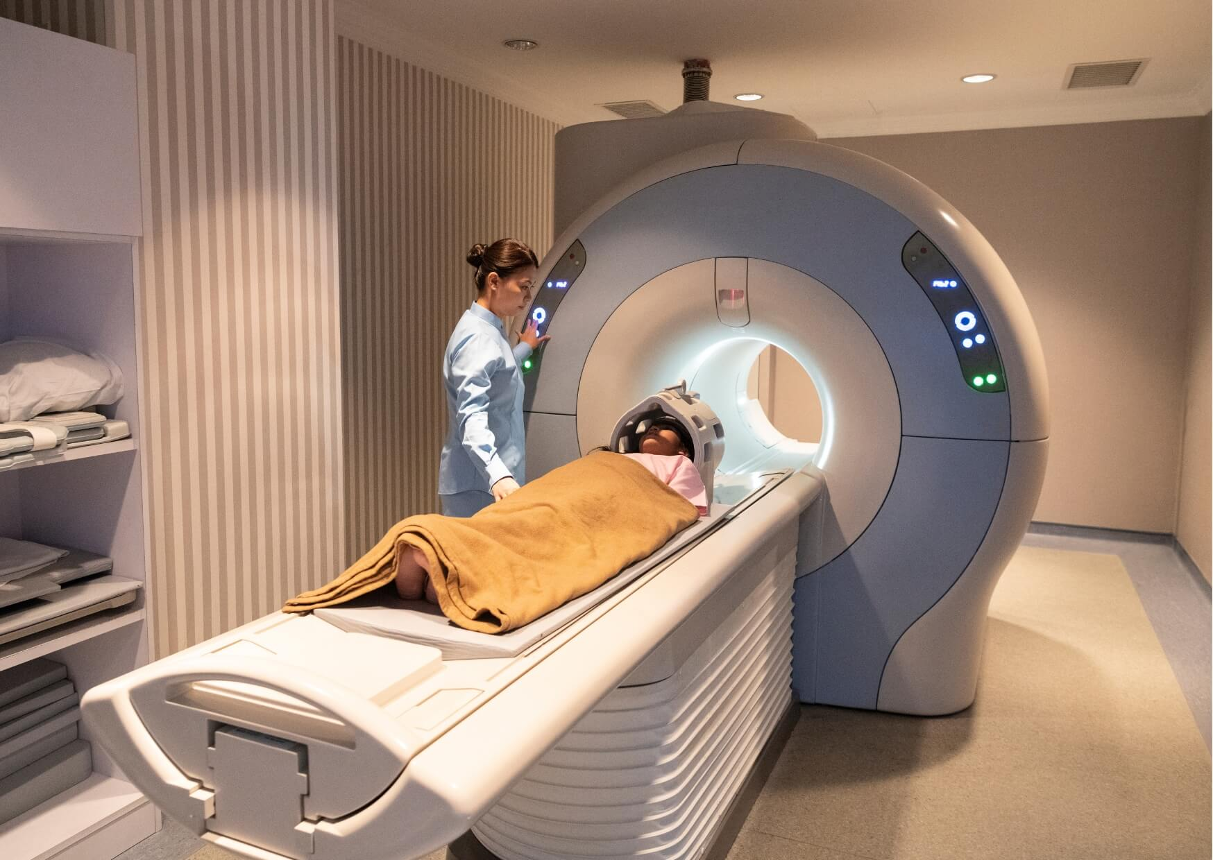 Patient undergoing an MRI scan, illustrating MRI safety for people with modern dental implants.