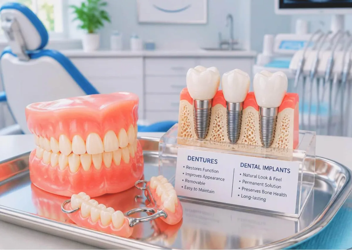 Dental models comparing removable dentures and dental implants as tooth replacement options.