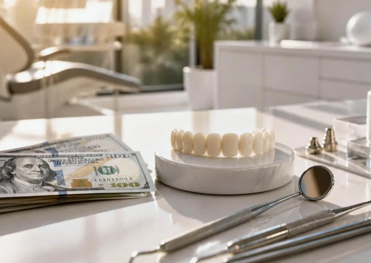 Dental veneers and cosmetic tooth restorations displayed beside cash and dental instruments, illustrating cosmetic dentistry costs and treatment options.